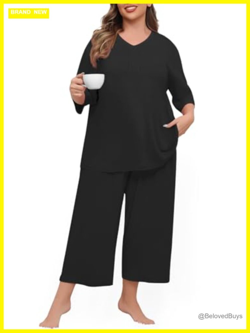 Plus Size 2 Piece Pajama Set V Neck Capri Pants Loungewear